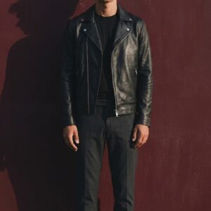 Blouson biker en cuir noir pour homme