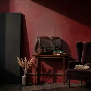 Sac bandoulière marron en toile et cuir posé sur une table en bois