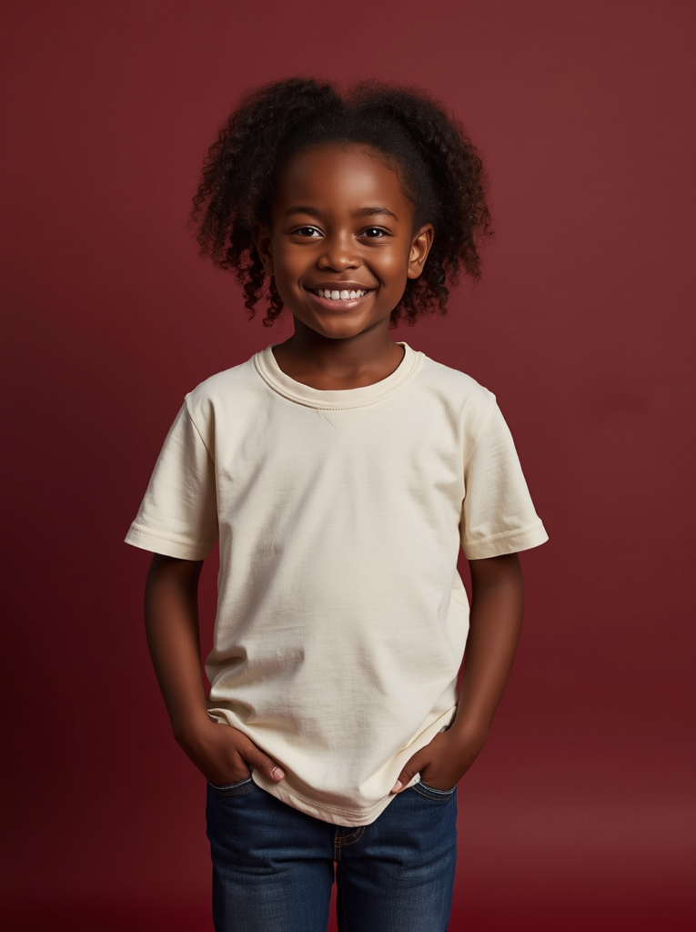 Jeune fille souriante portant un t-shirt en coton bio beige, collection Nouveautés Etikashion