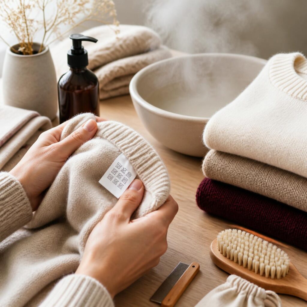 Mains vérifiant l'étiquette d'entretien d'un pull en maille, à côté de linge plié et d'accessoires de soin des textiles