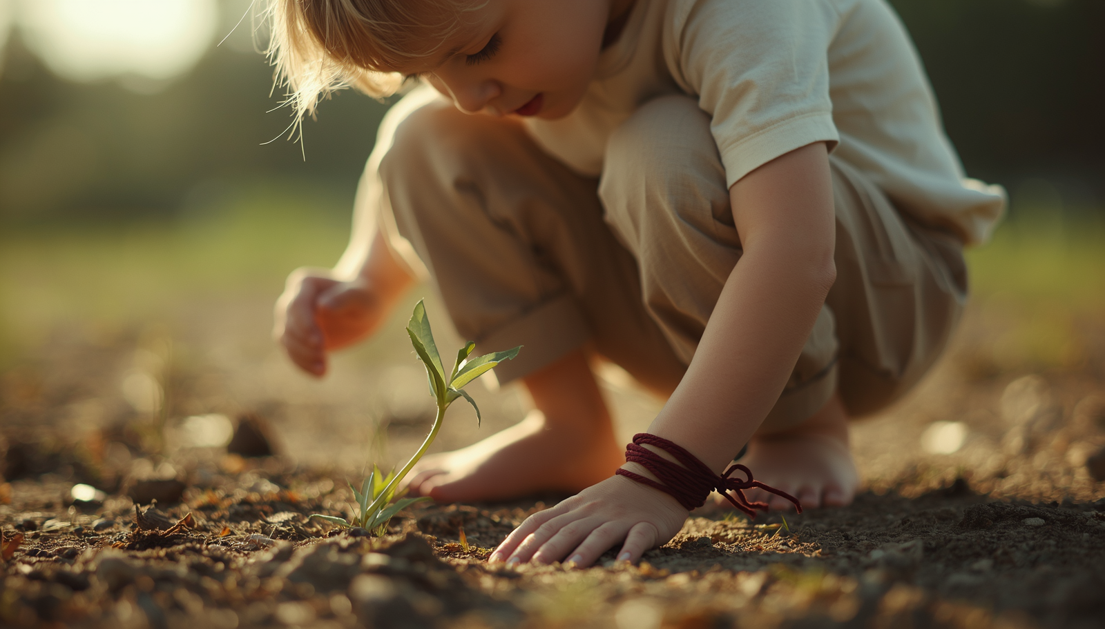 Enfant accroupi touchant une jeune pousse dans la terre, symbole de la mode durable Etikashion