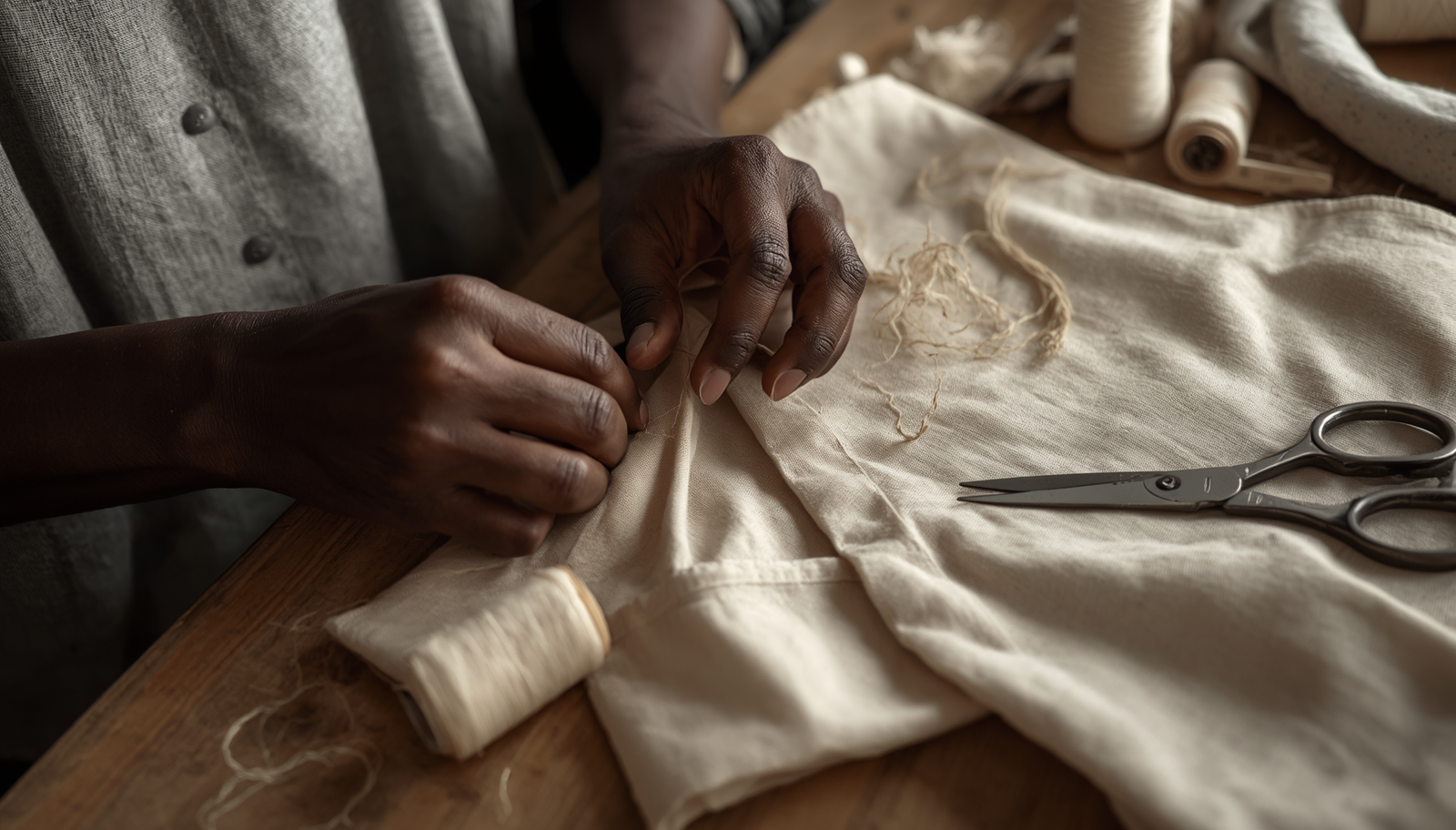 Mains d'un artisan travaillant une matière textile naturelle, symbole du savoir-faire Etikashion