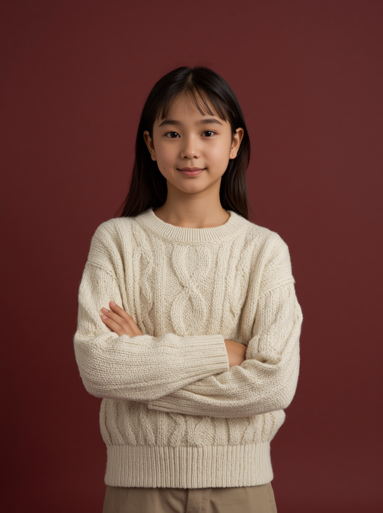 Jeune fille portant un pull en maille col rond, collection Nouveautés Etikashion