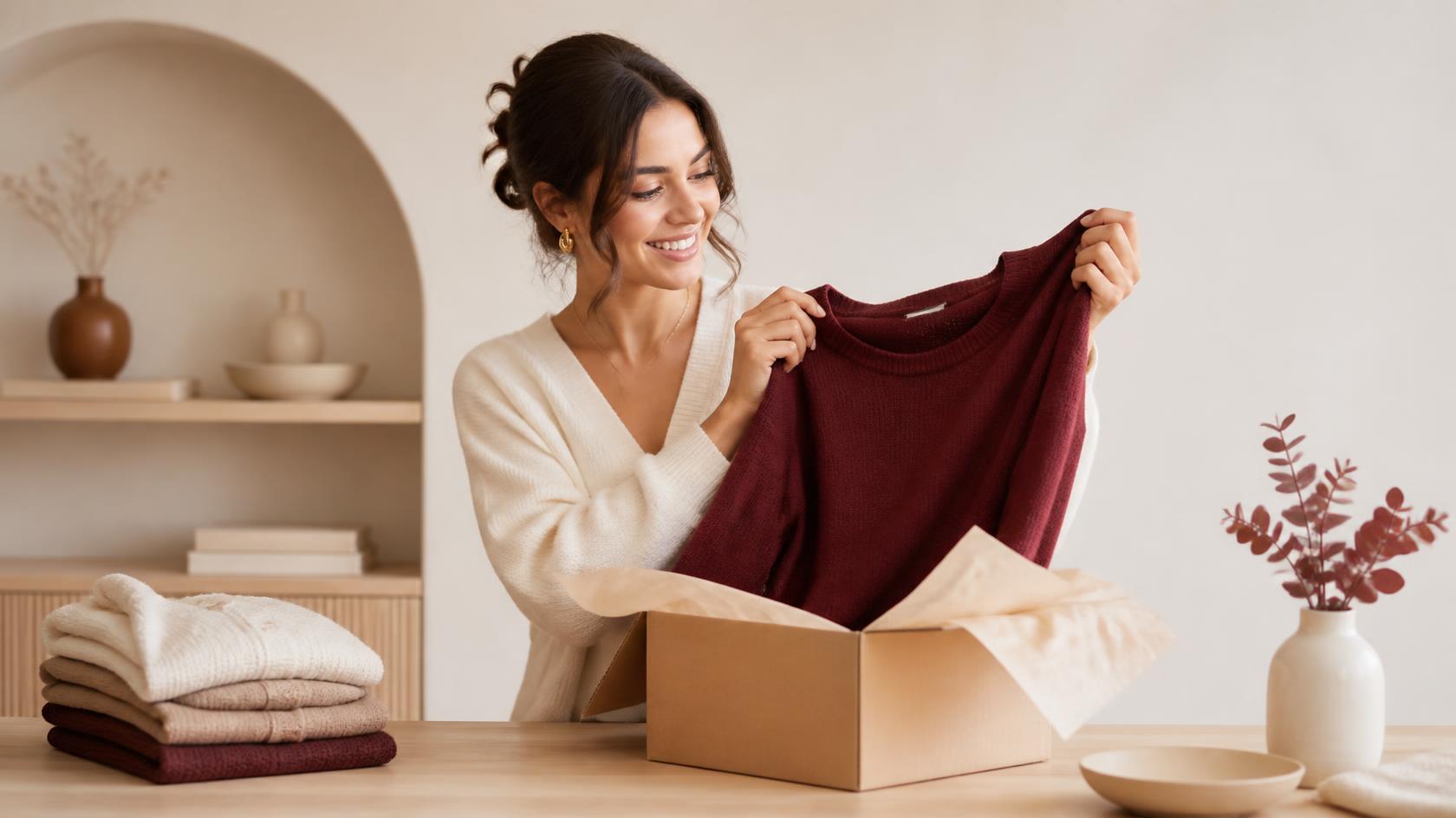 Cliente souriante déballant un pull bordeaux Etikashion reçu par colis