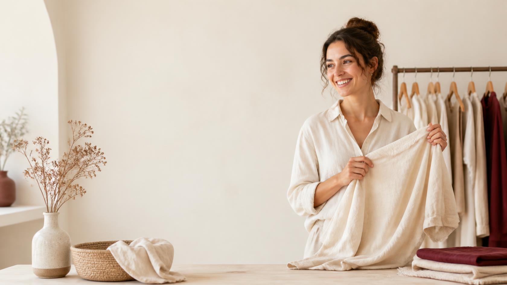Cliente souriante dépliant une chemise en lin Etikashion près d'un portant de vêtements