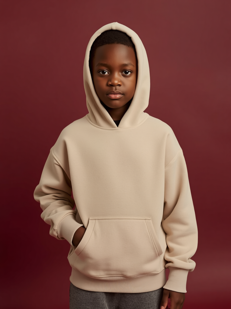 Enfant portant un sweat oversize beige, collection Nouveautés Etikashion