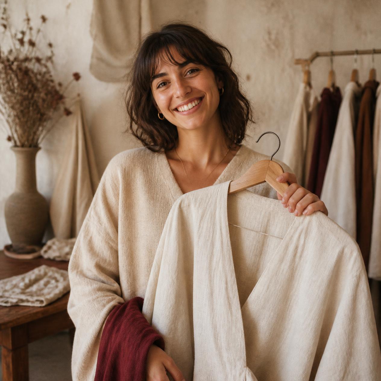 Cliente souriante tenant un vêtement en lin naturel Etikashion sur un cintre